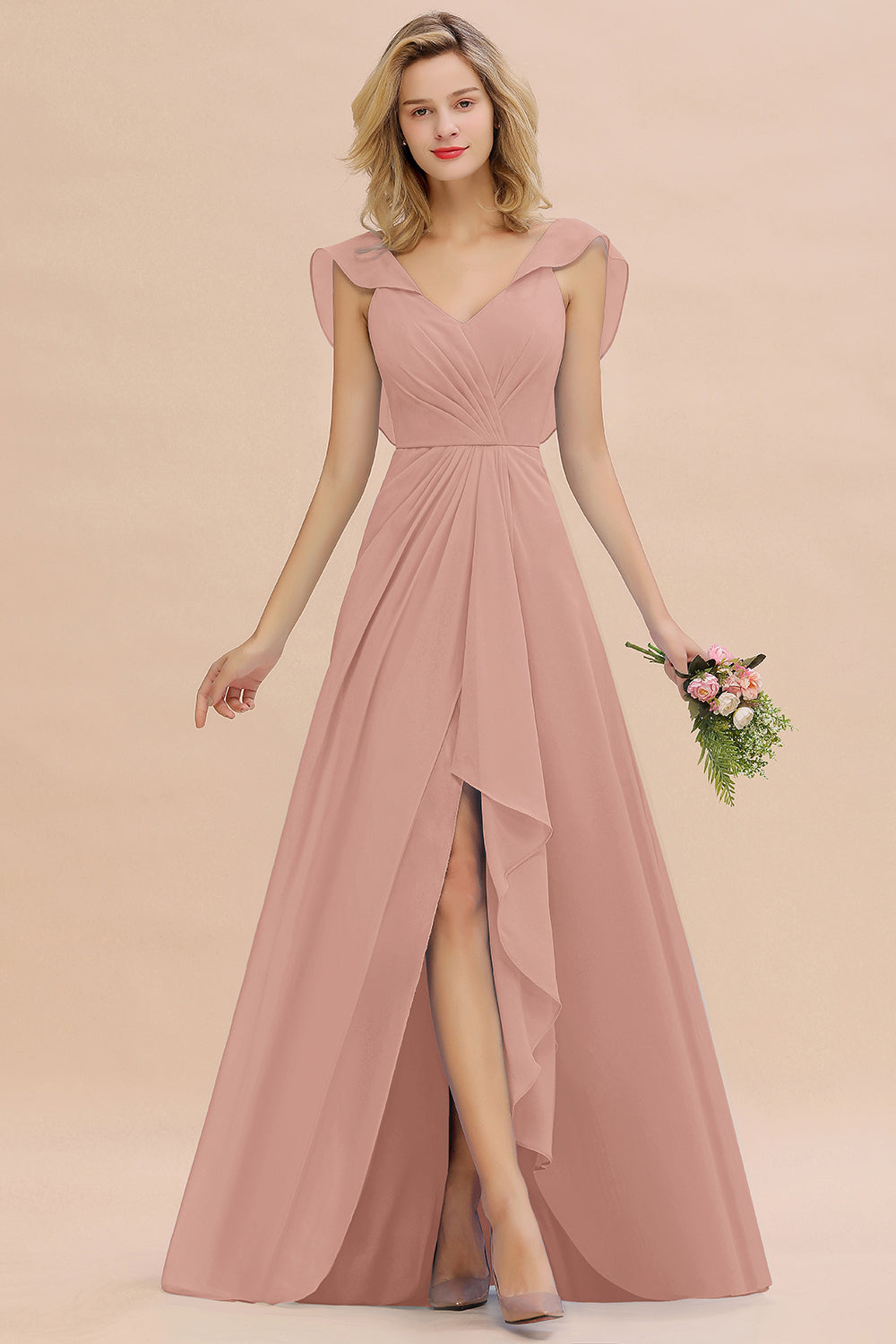 Modest Hi-Lo V-Neck Ruffle Long Bridesmaid Dresses with Slit