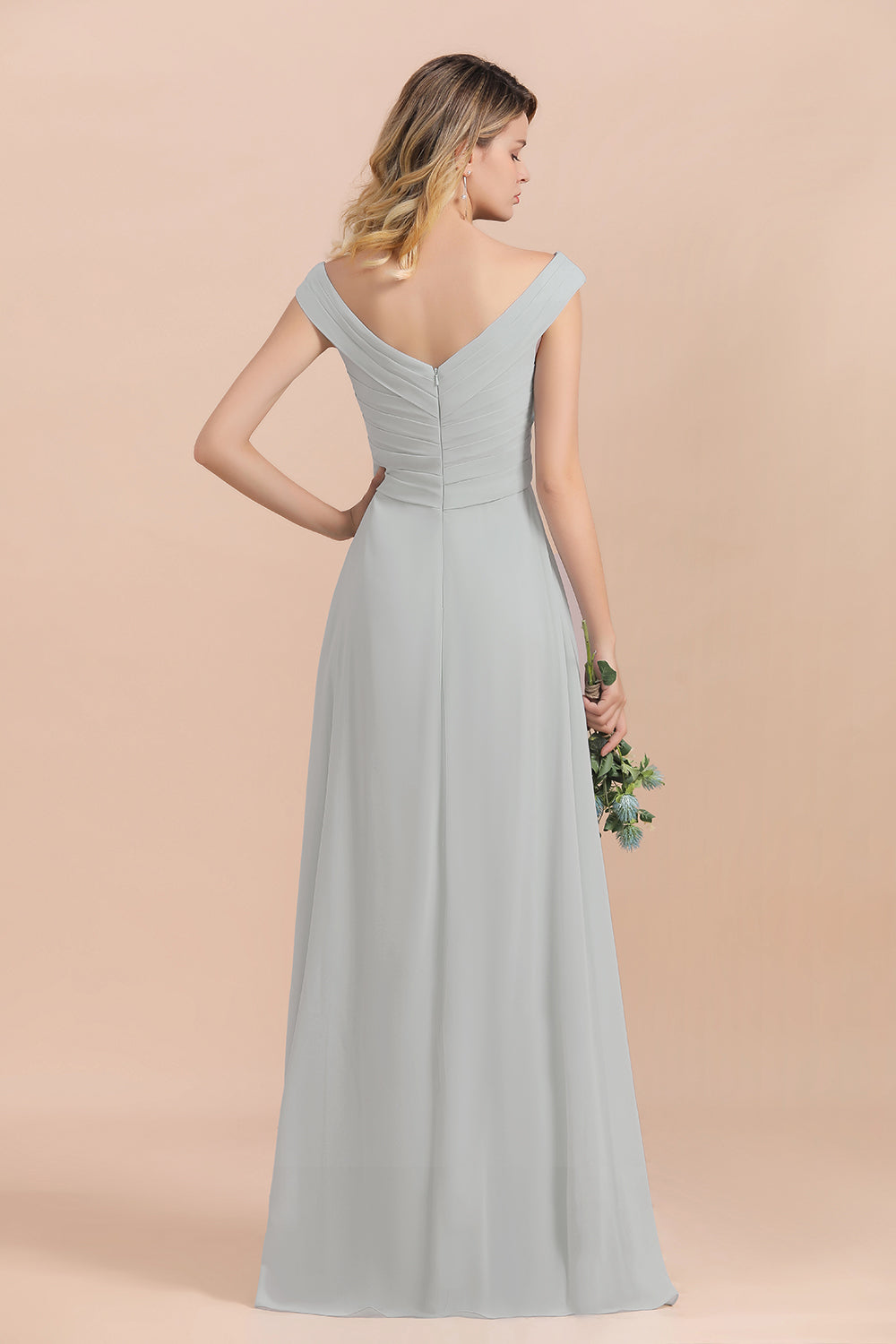 Modest Off-the-Shoulder Mist Chiffon Bridesmaid dresses with Pleats