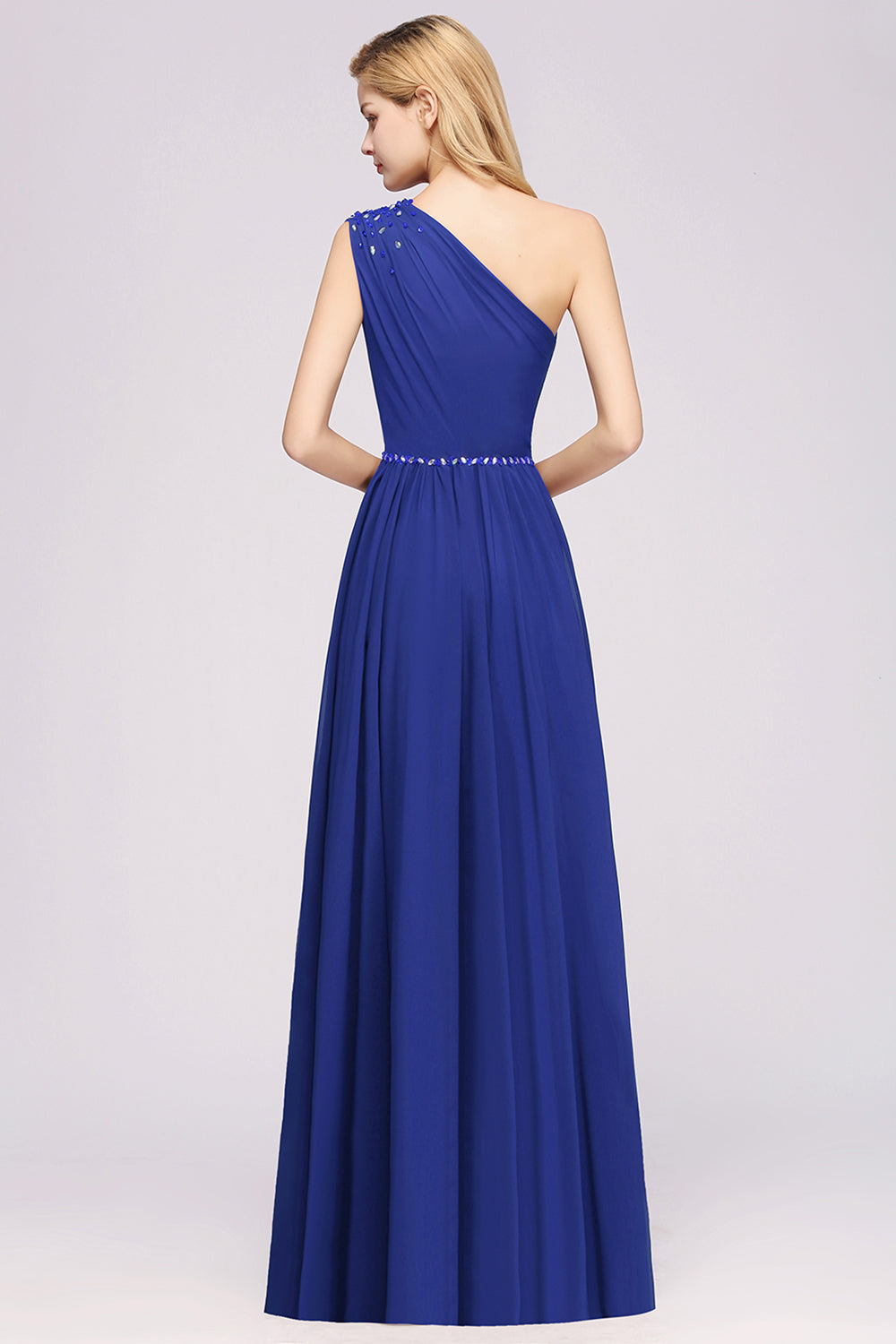 Modest One-shoulder Royal Blue Affordable Bridesmaid Dresses with Beadings - Fashionpara