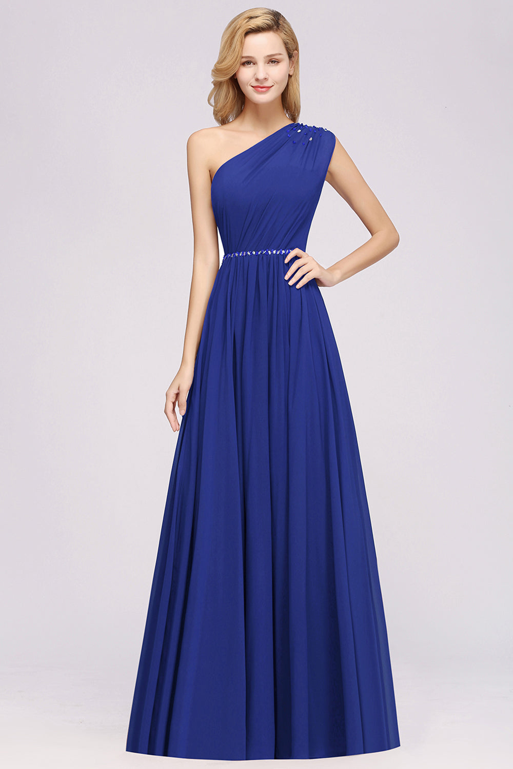 Modest One-shoulder Royal Blue Affordable Bridesmaid Dresses with Beadings