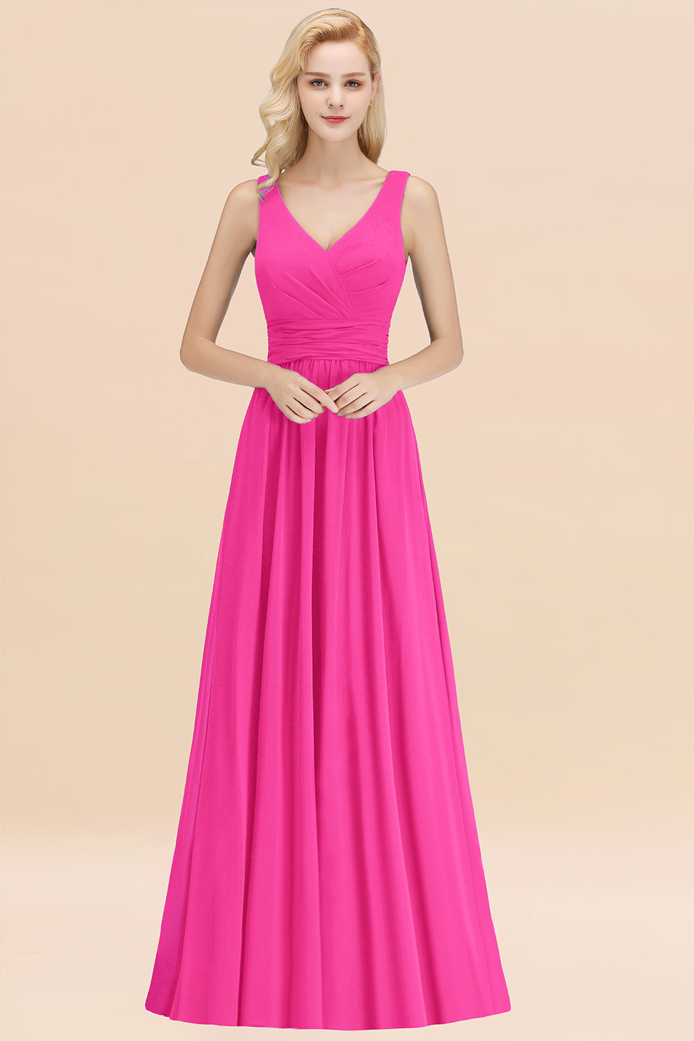 Modest Sleeveless V-Neck Long Chiffon Bridesmaid Dresses with Ruffle