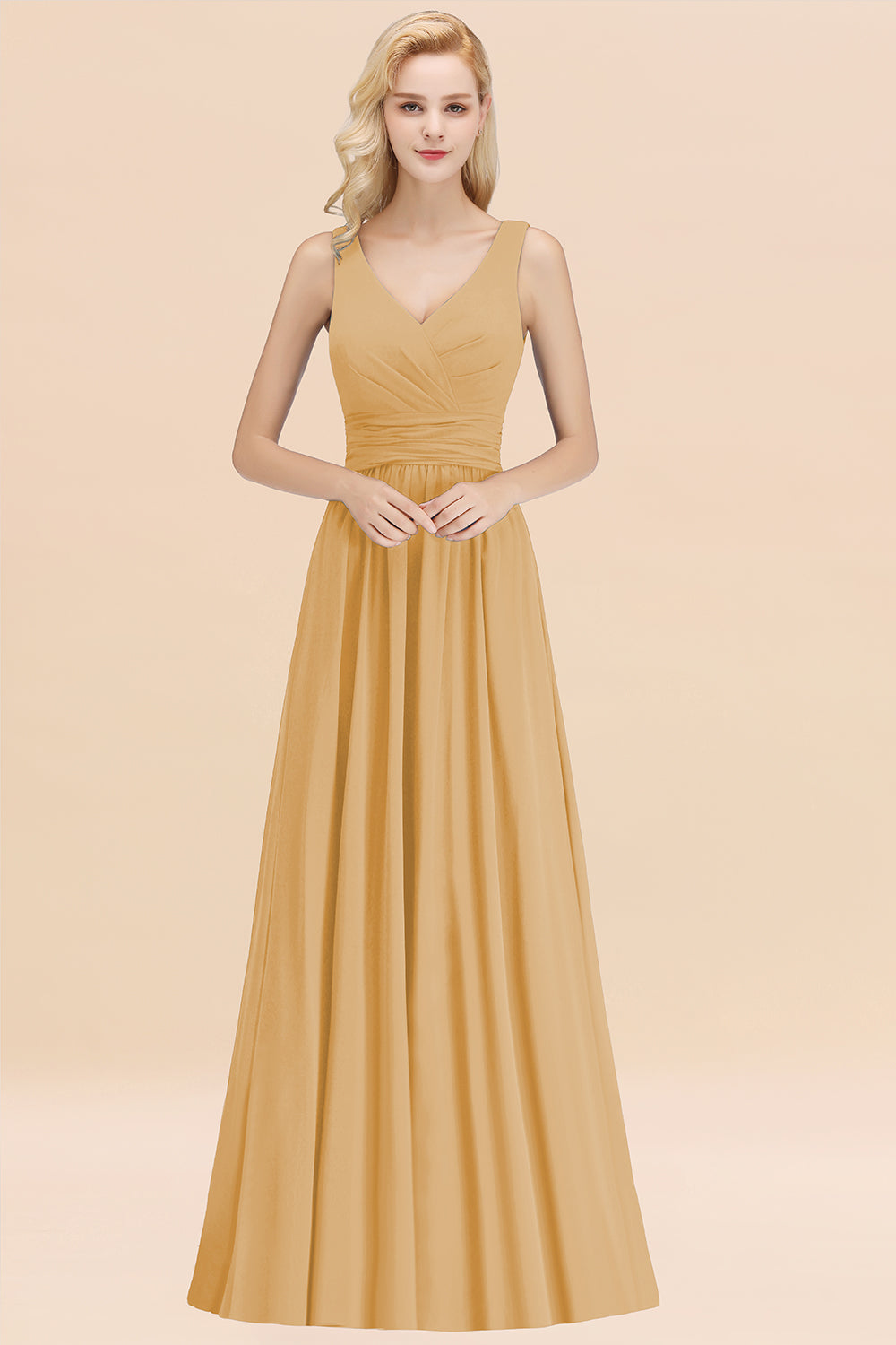 Modest Sleeveless V-Neck Long Chiffon Bridesmaid Dresses with Ruffle