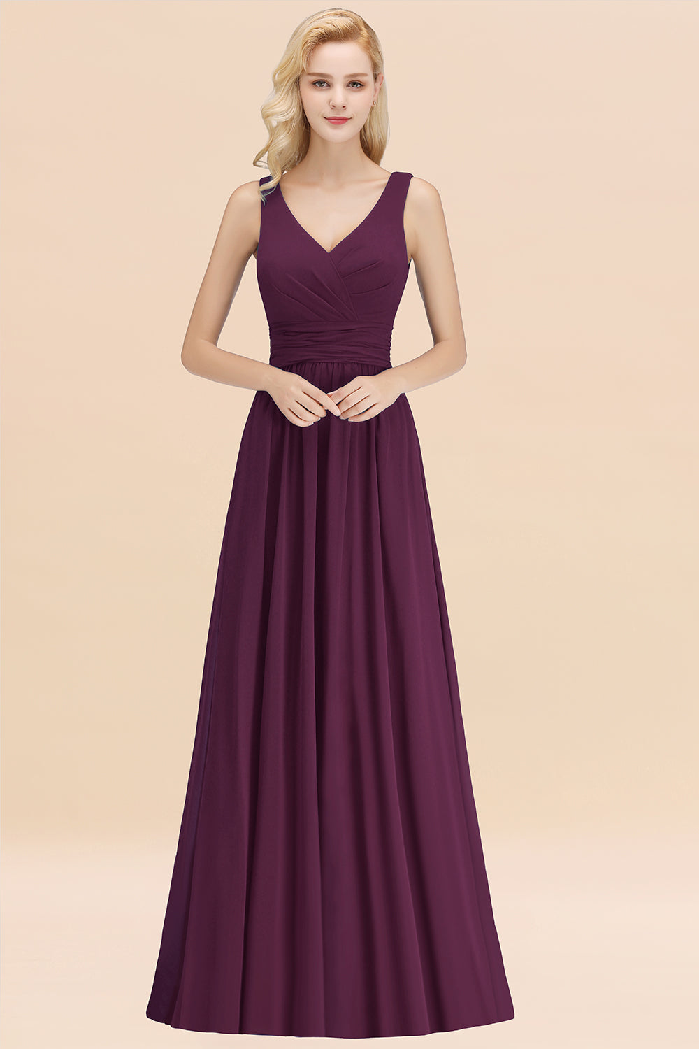 Modest Sleeveless V-Neck Long Chiffon Bridesmaid Dresses with Ruffle