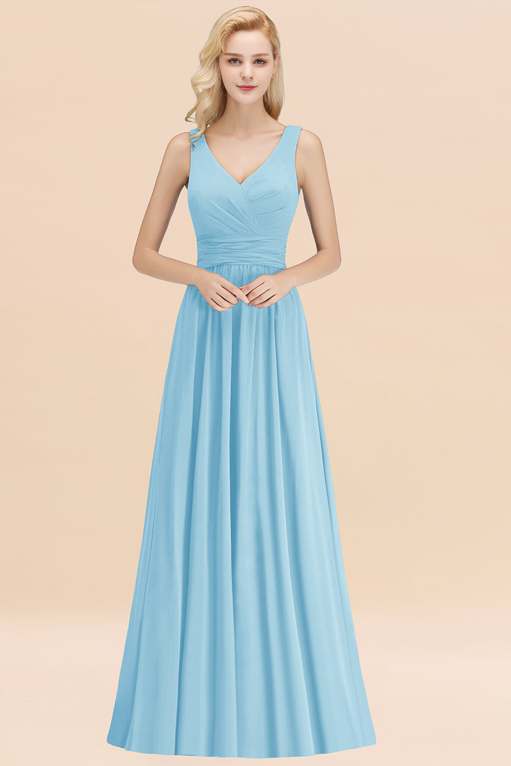 Modest Sleeveless V-Neck Long Chiffon Bridesmaid Dresses with Ruffle