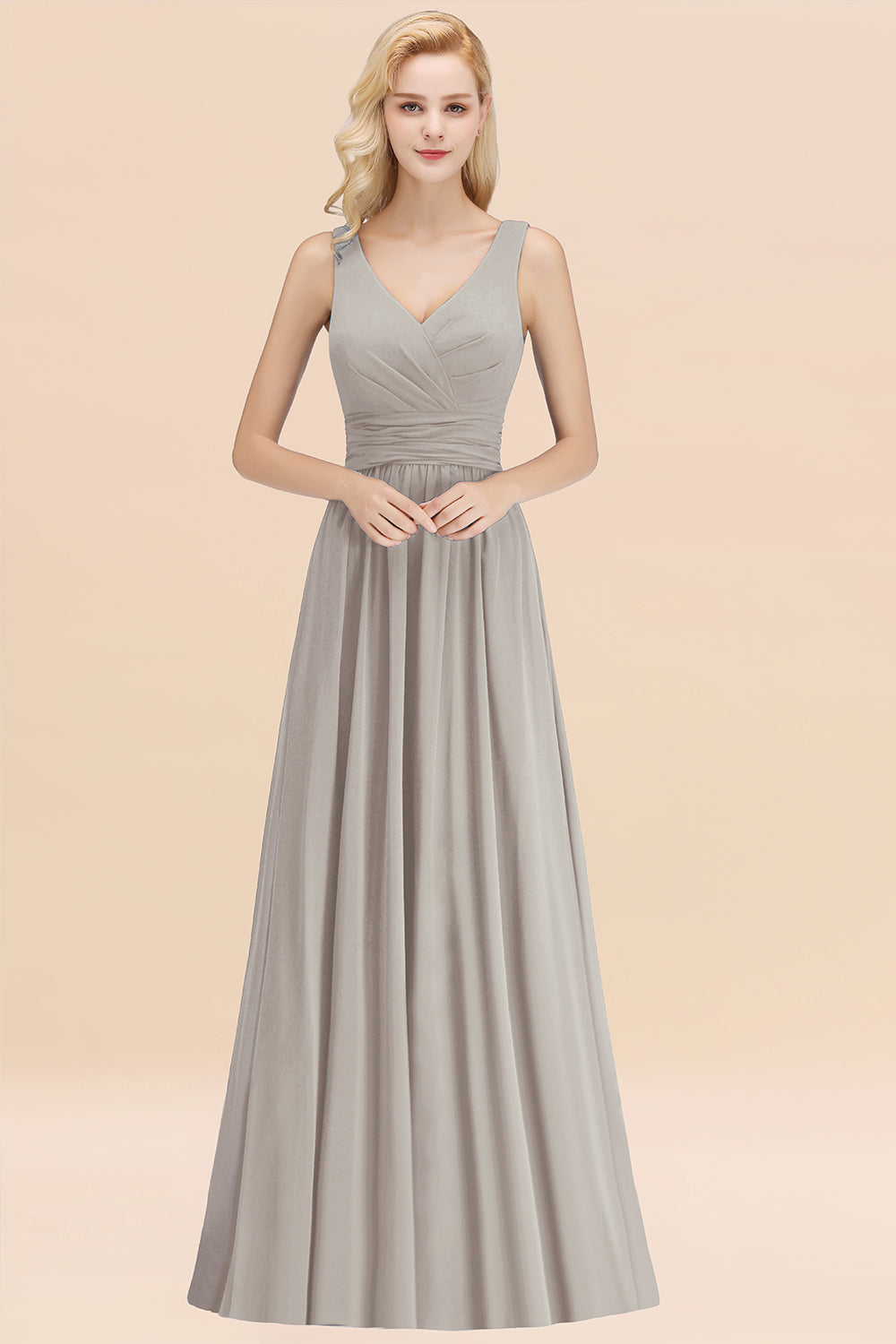 Modest Sleeveless V-Neck Long Chiffon Bridesmaid Dresses with Ruffle