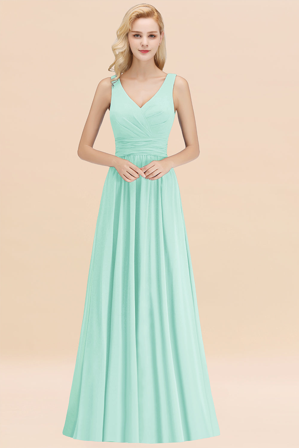 Modest Sleeveless V-Neck Long Chiffon Bridesmaid Dresses with Ruffle