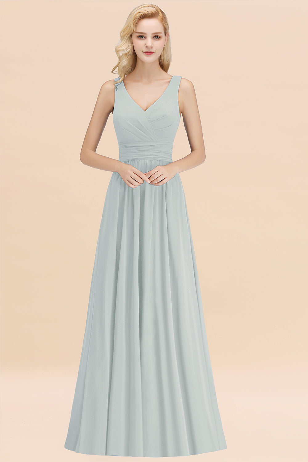 Modest Sleeveless V-Neck Long Chiffon Bridesmaid Dresses with Ruffle