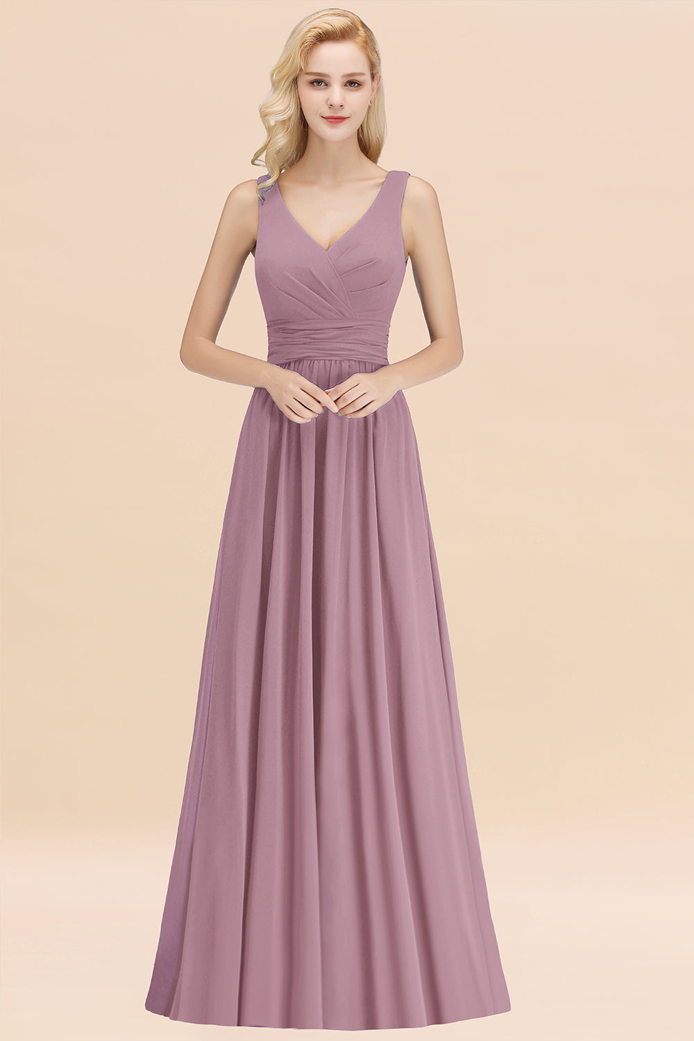 Modest Sleeveless V-Neck Long Chiffon Bridesmaid Dresses with Ruffle