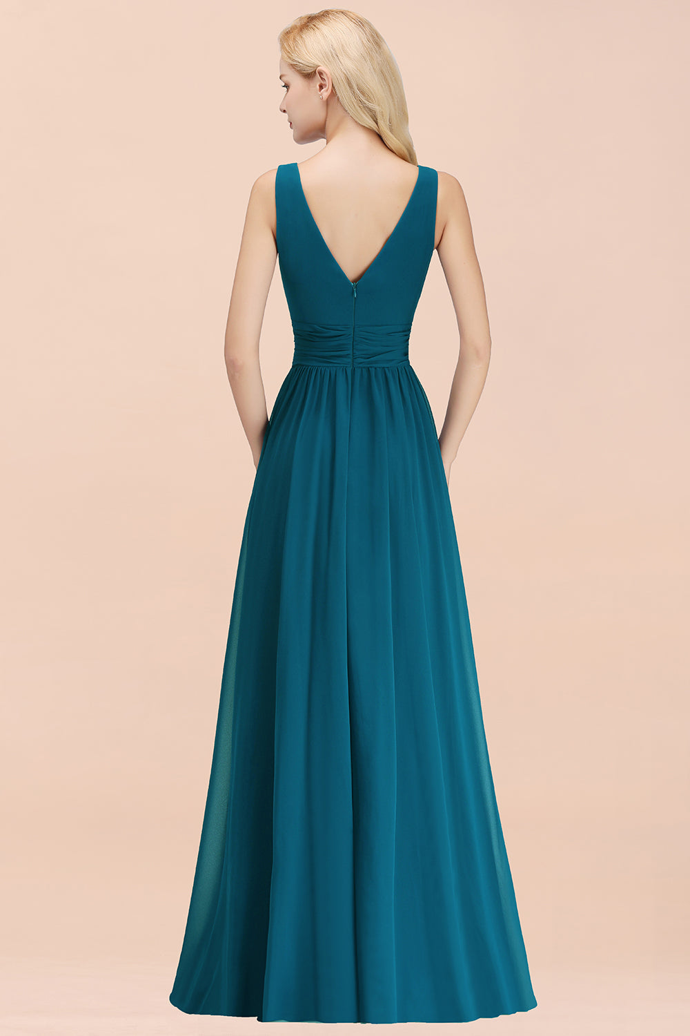 Modest Sleeveless V-Neck Long Chiffon Bridesmaid Dresses with Ruffle