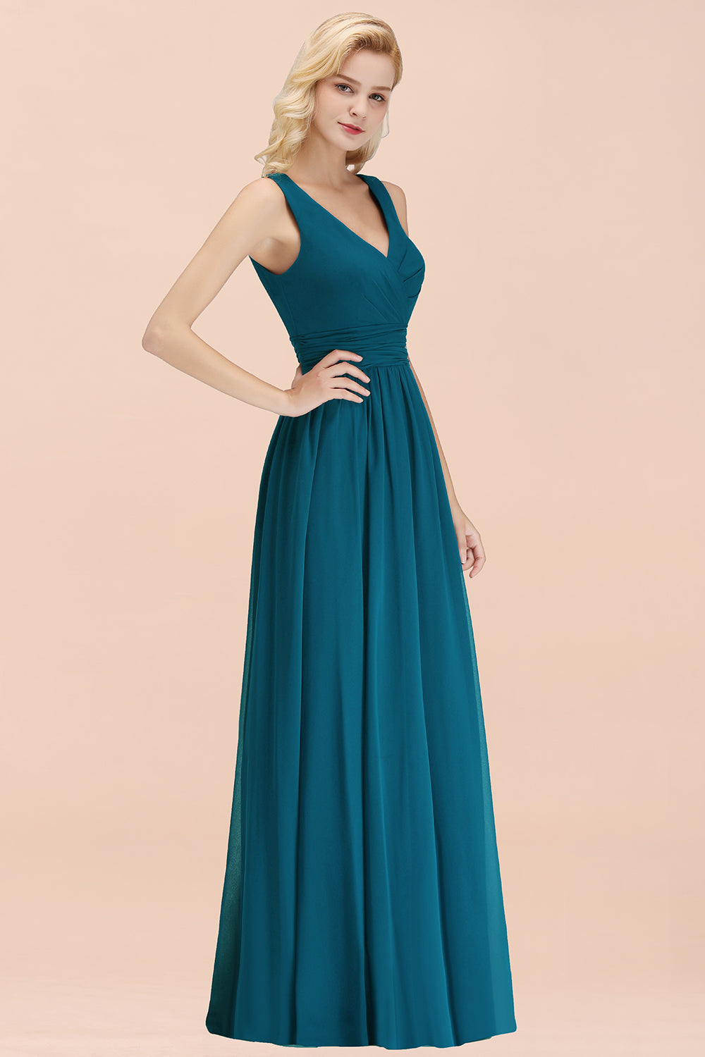 Modest Sleeveless V-Neck Long Chiffon Bridesmaid Dresses with Ruffle