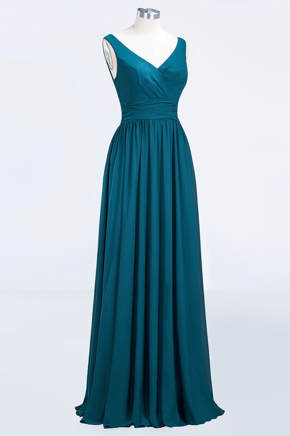 Modest Sleeveless V-Neck Long Chiffon Bridesmaid Dresses with Ruffle