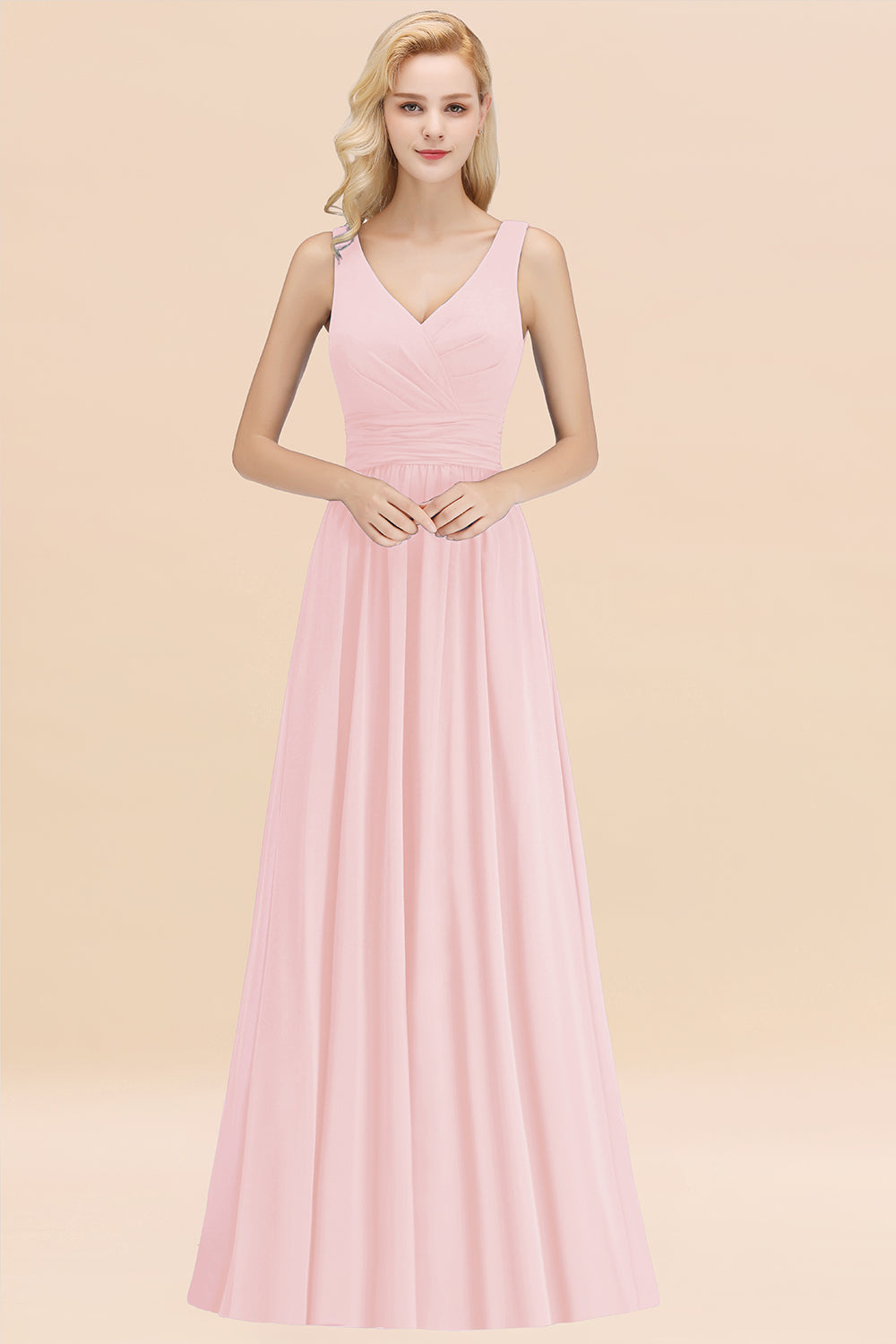 Modest Sleeveless V-Neck Long Chiffon Bridesmaid Dresses with Ruffle