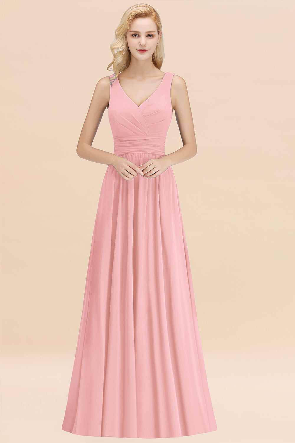 Modest Sleeveless V-Neck Long Chiffon Bridesmaid Dresses with Ruffle