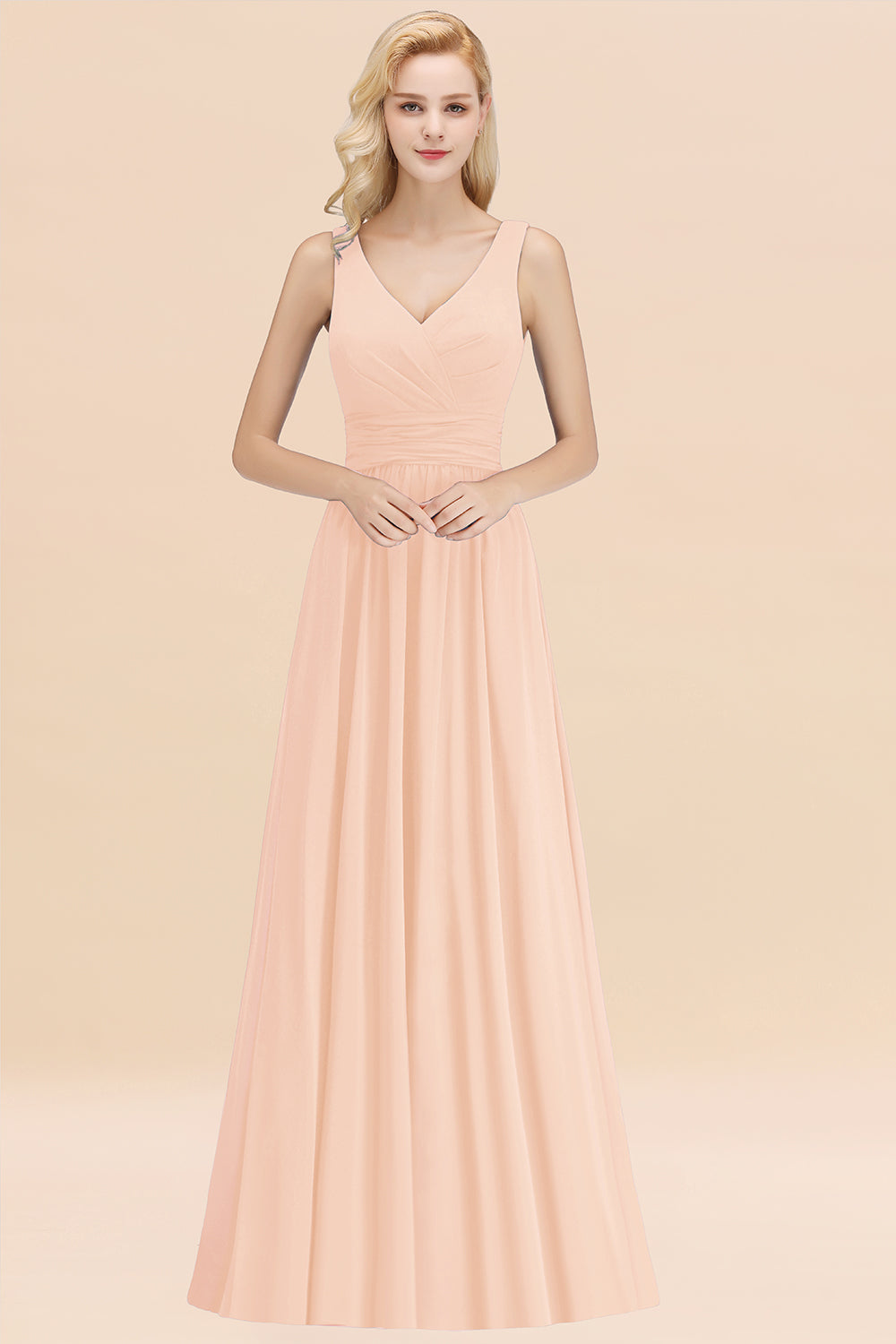 Modest Sleeveless V-Neck Long Chiffon Bridesmaid Dresses with Ruffle