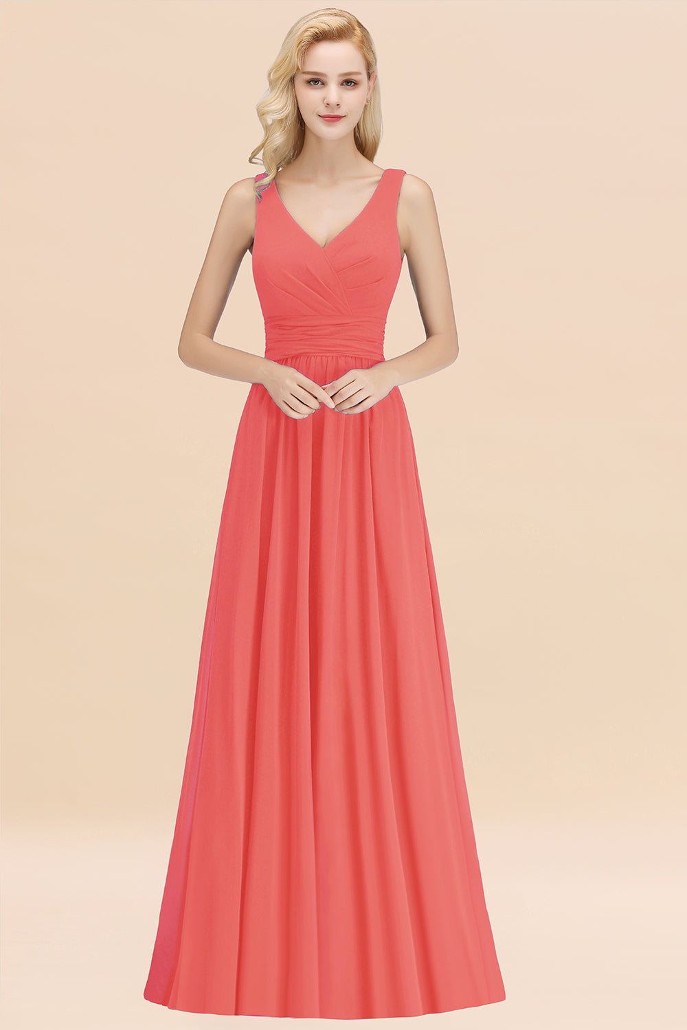 Modest Sleeveless V-Neck Long Chiffon Bridesmaid Dresses with Ruffle