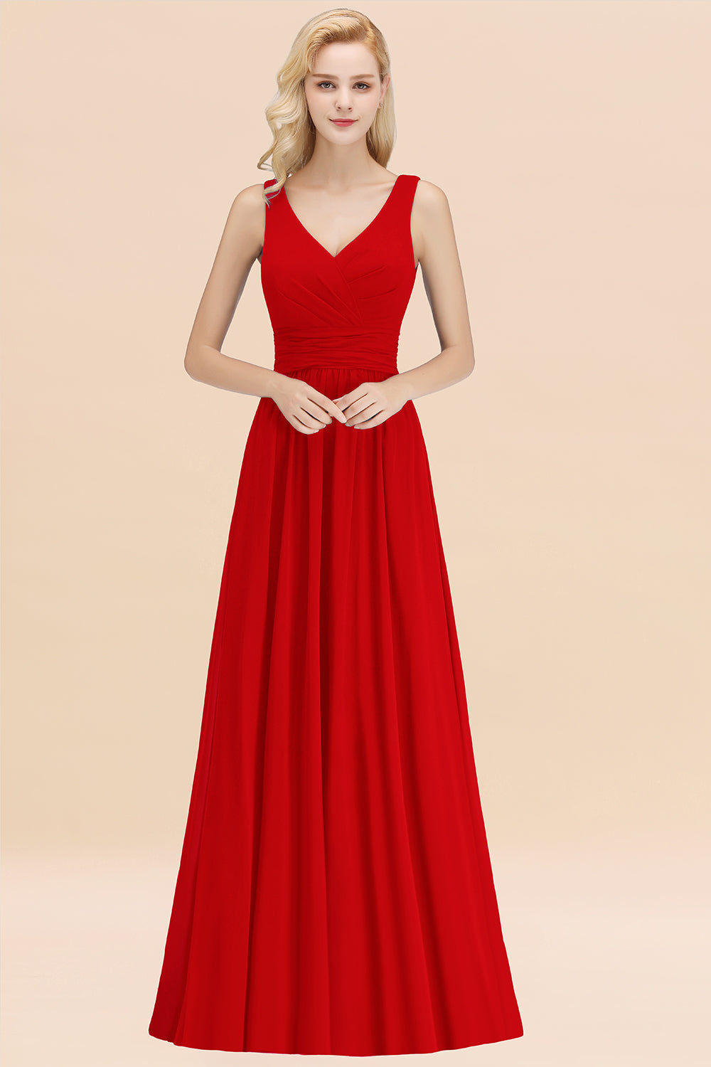 Modest Sleeveless V-Neck Long Chiffon Bridesmaid Dresses with Ruffle