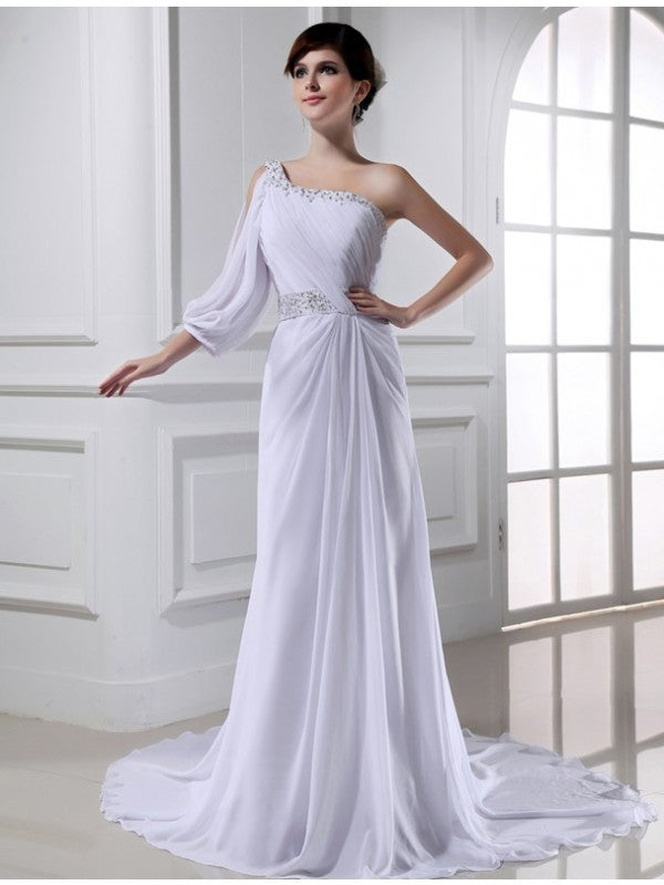 A-Line/Princess Beading One-shoulder One-sleeve Chiffon Wedding Dresses