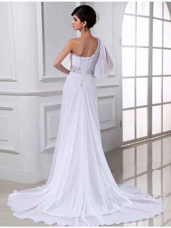 A-Line/Princess Beading One-shoulder One-sleeve Chiffon Wedding Dresses