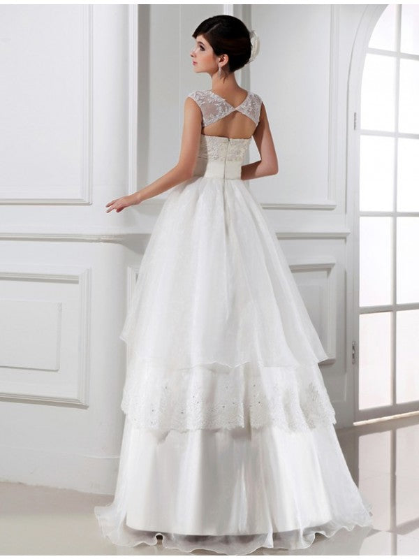 A-Line/Princess Beading Sleeveless Long Lace Organza Wedding Dresses