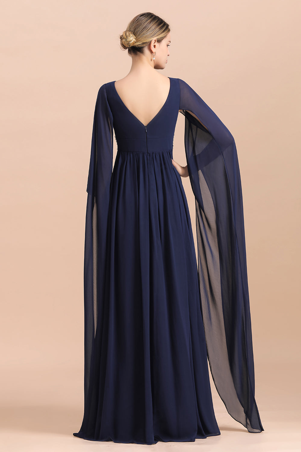 Navy Long Sleeve Chiffon Mother Of the Bride Dress With Ruffles - Fashionpara