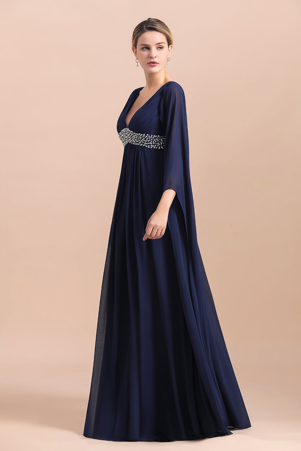 Navy Long Sleeve Chiffon Mother Of the Bride Dress With Ruffles - Fashionpara