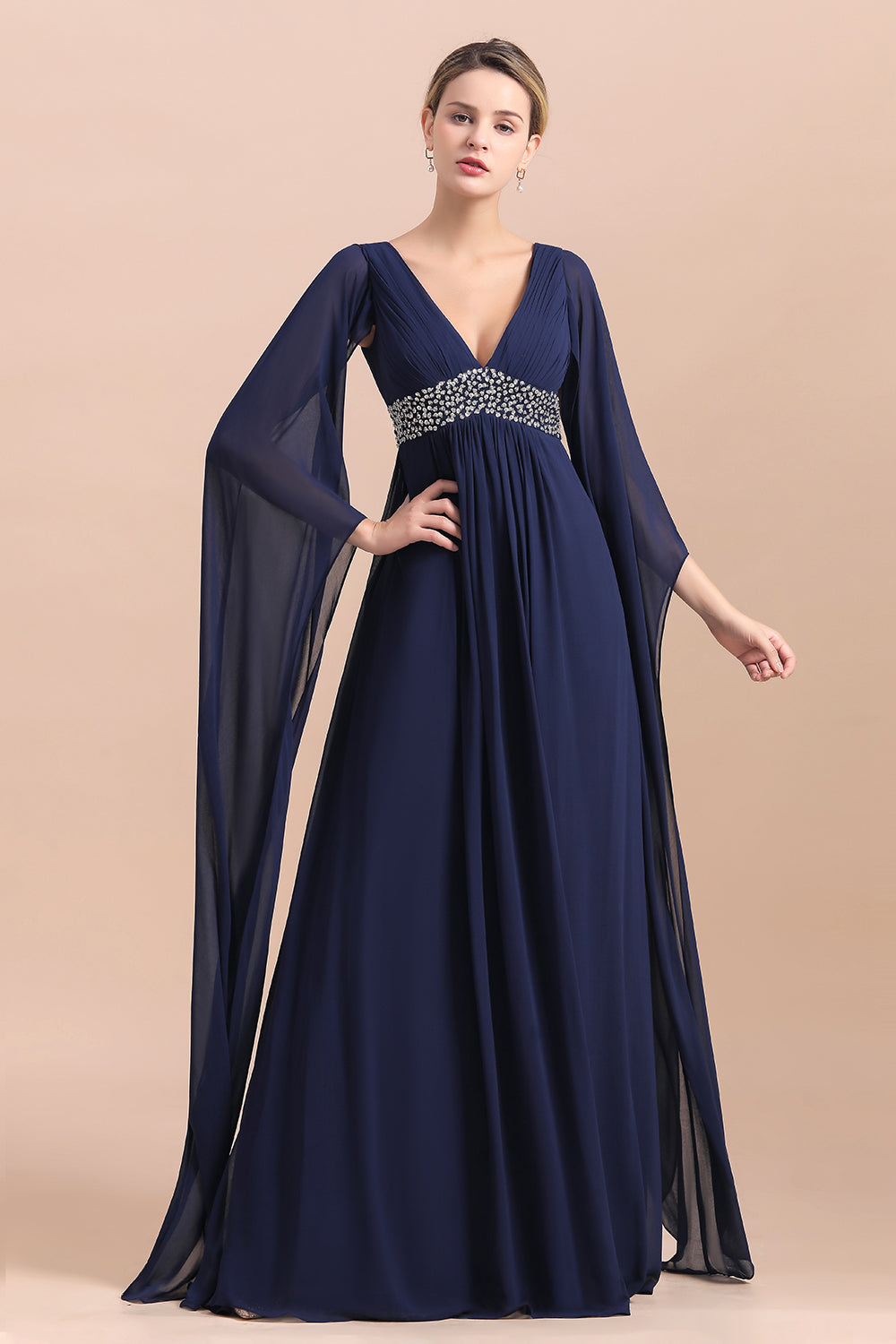 Navy Long Sleeve Chiffon Mother Of the Bride Dress With Ruffles - Fashionpara