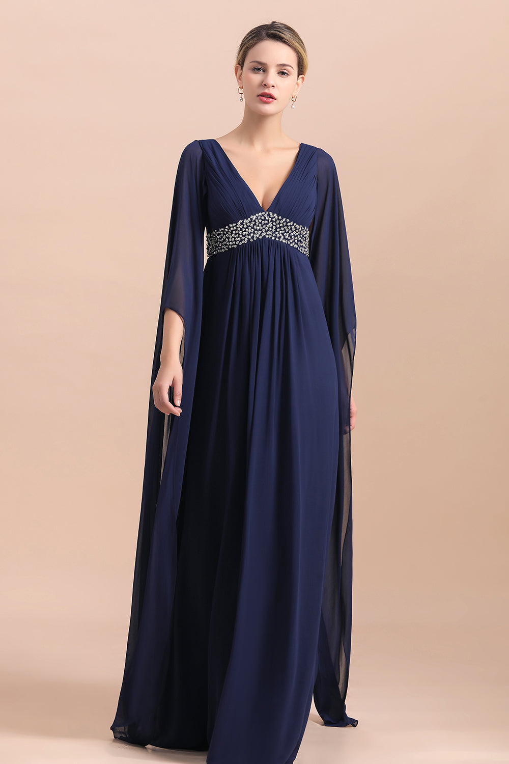 Navy Long Sleeve Chiffon Mother Of the Bride Dress With Ruffles - Fashionpara