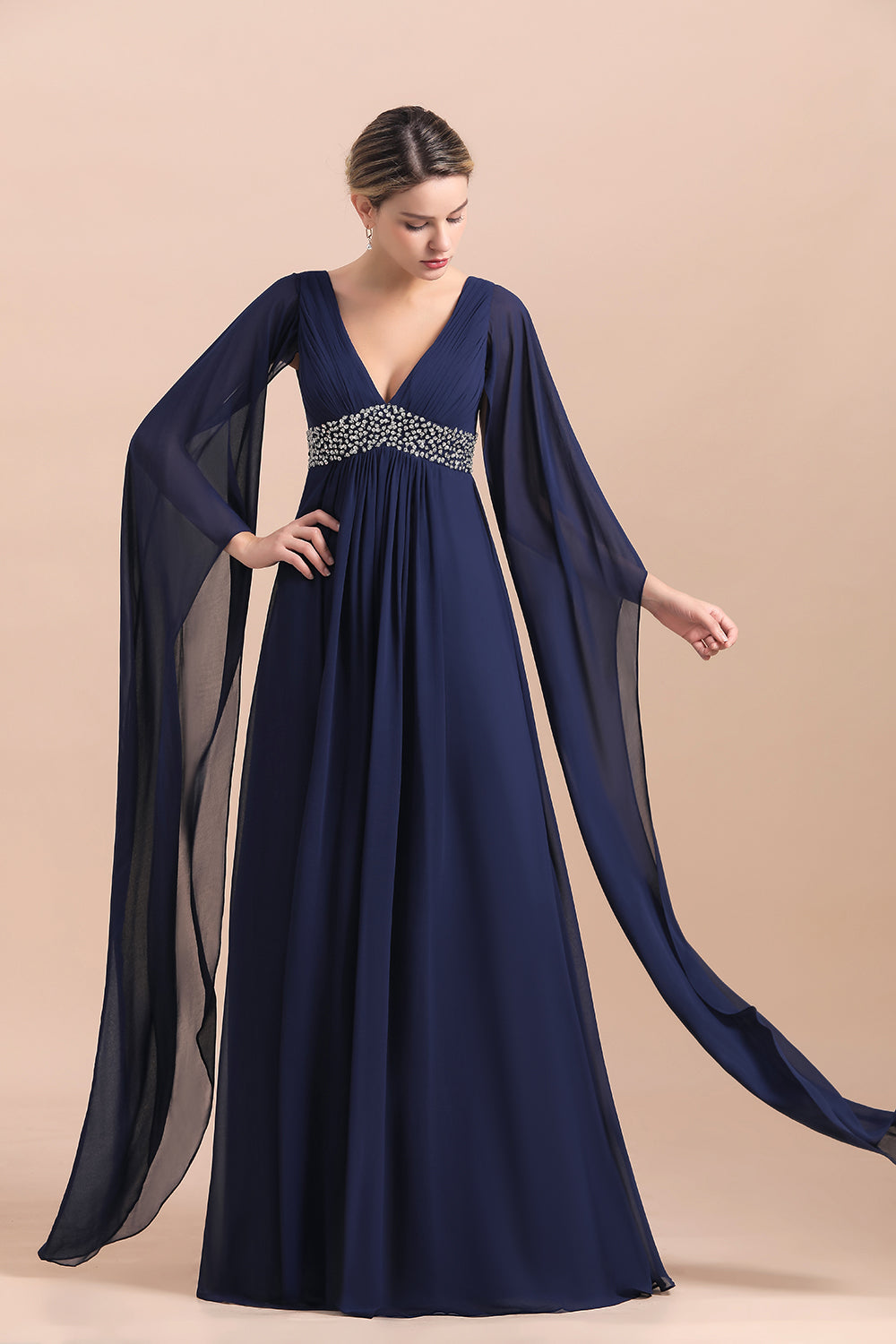 Navy Long Sleeve Chiffon Mother Of the Bride Dress With Ruffles - Fashionpara