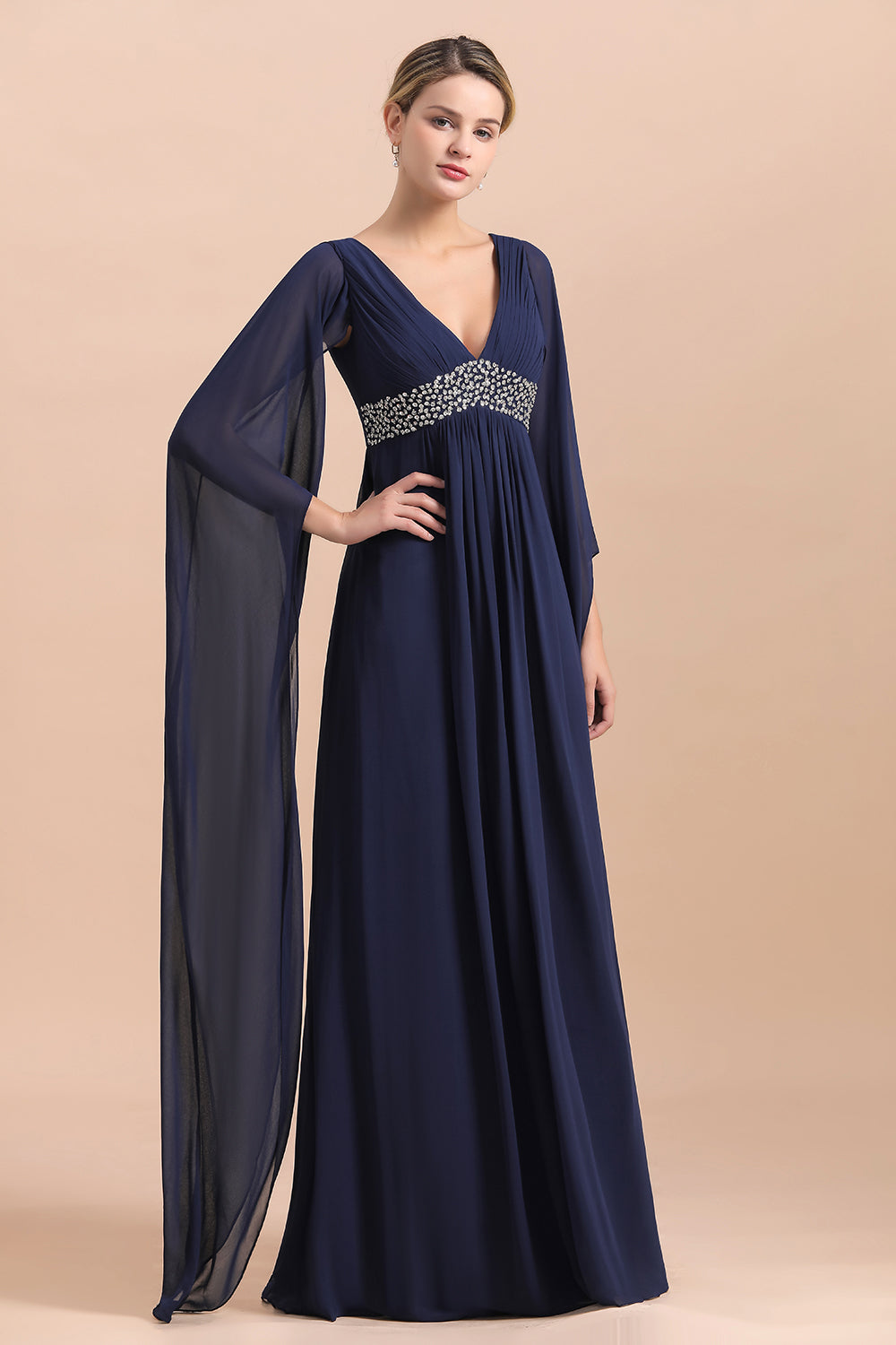 Navy Long Sleeve Chiffon Mother Of the Bride Dress With Ruffles - Fashionpara