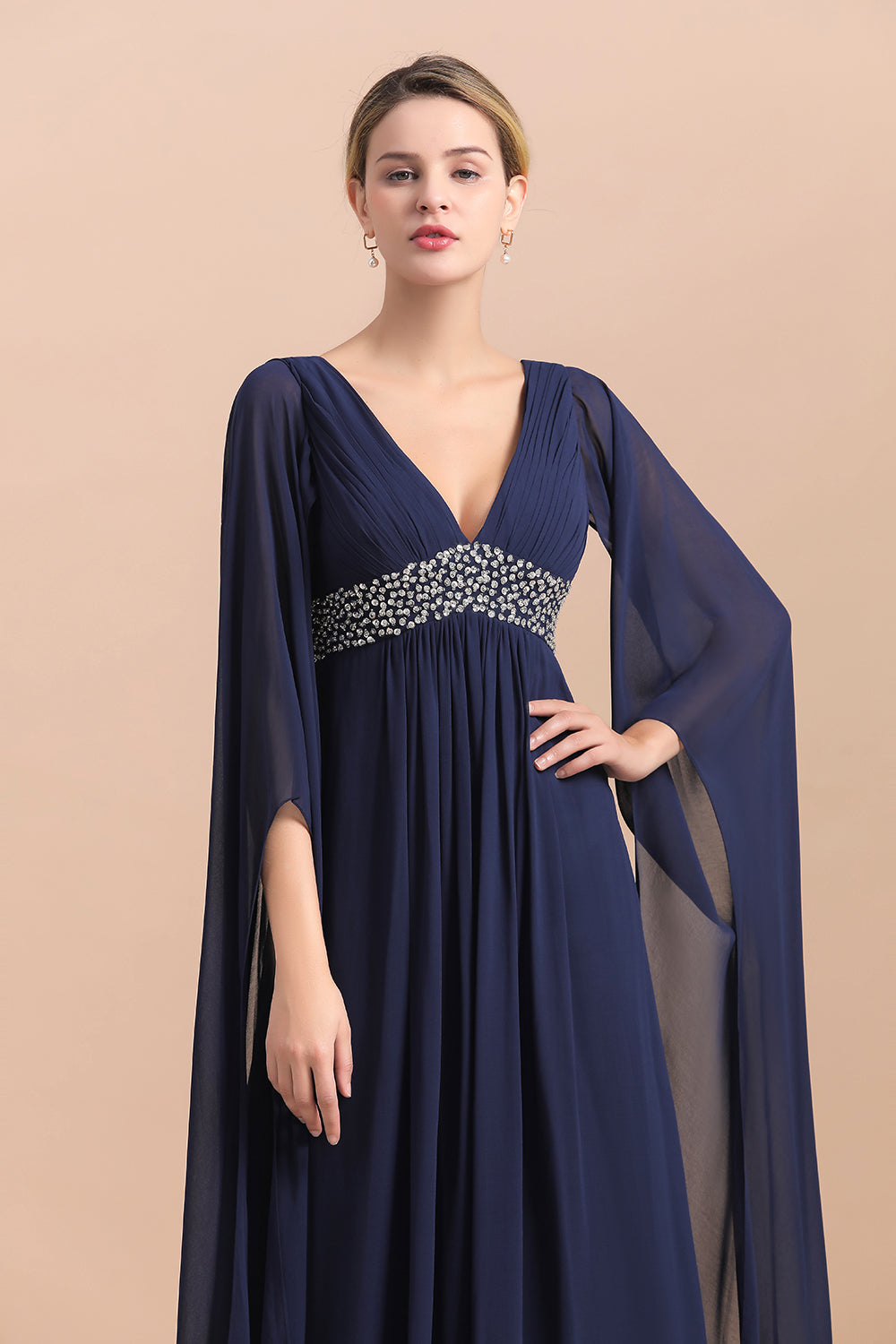 Navy Long Sleeve Chiffon Mother Of the Bride Dress With Ruffles - Fashionpara