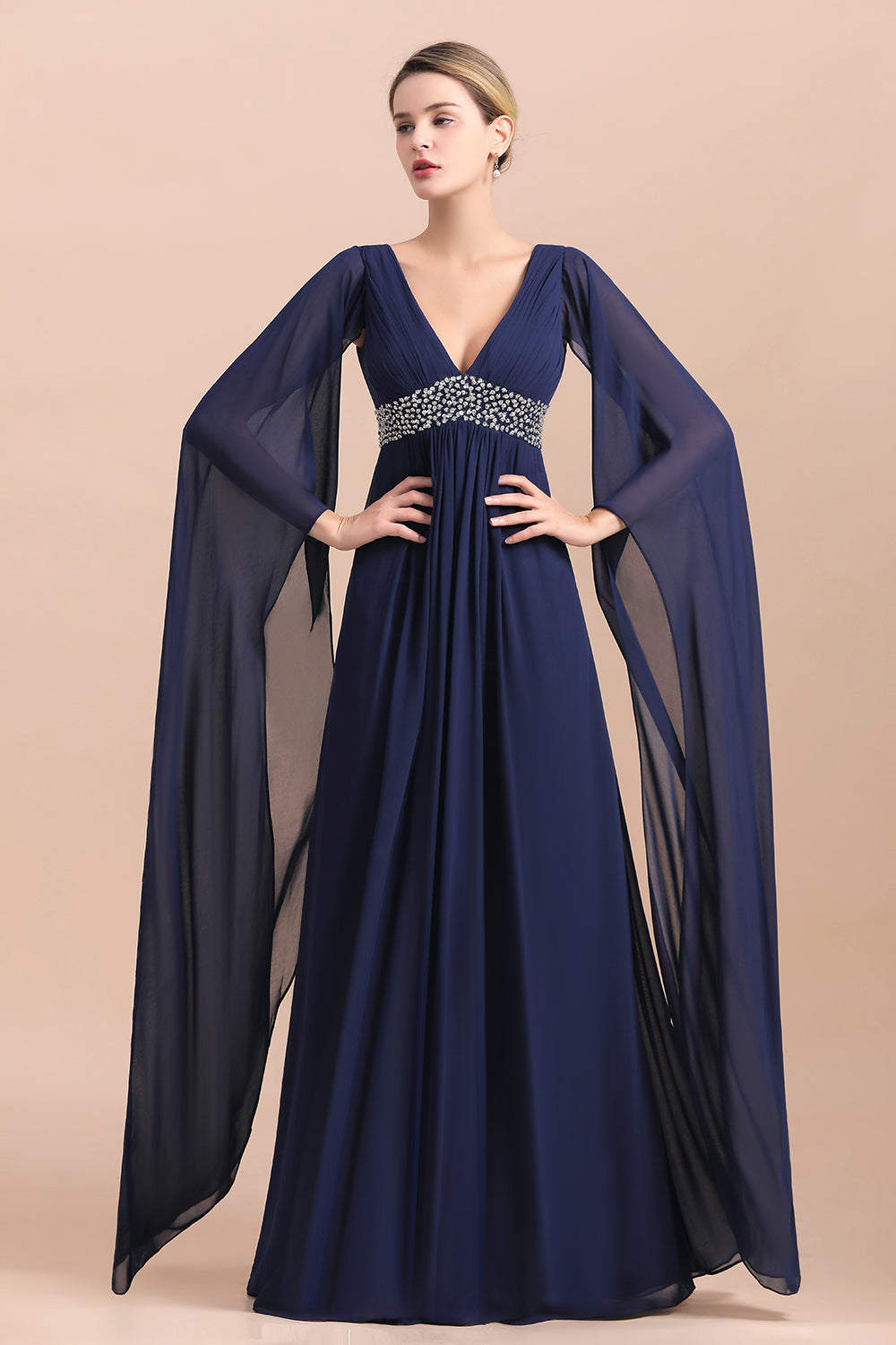 Navy Long Sleeve Chiffon Mother Of the Bride Dress With Ruffles - Fashionpara