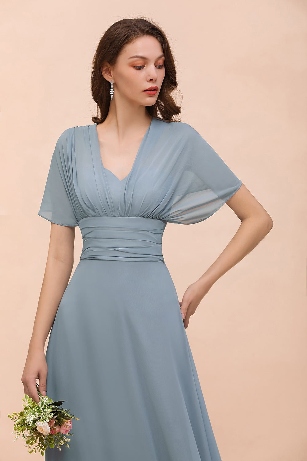 New Arrival Dusty Blue Ruched Long Convertible Bridesmaid dresses