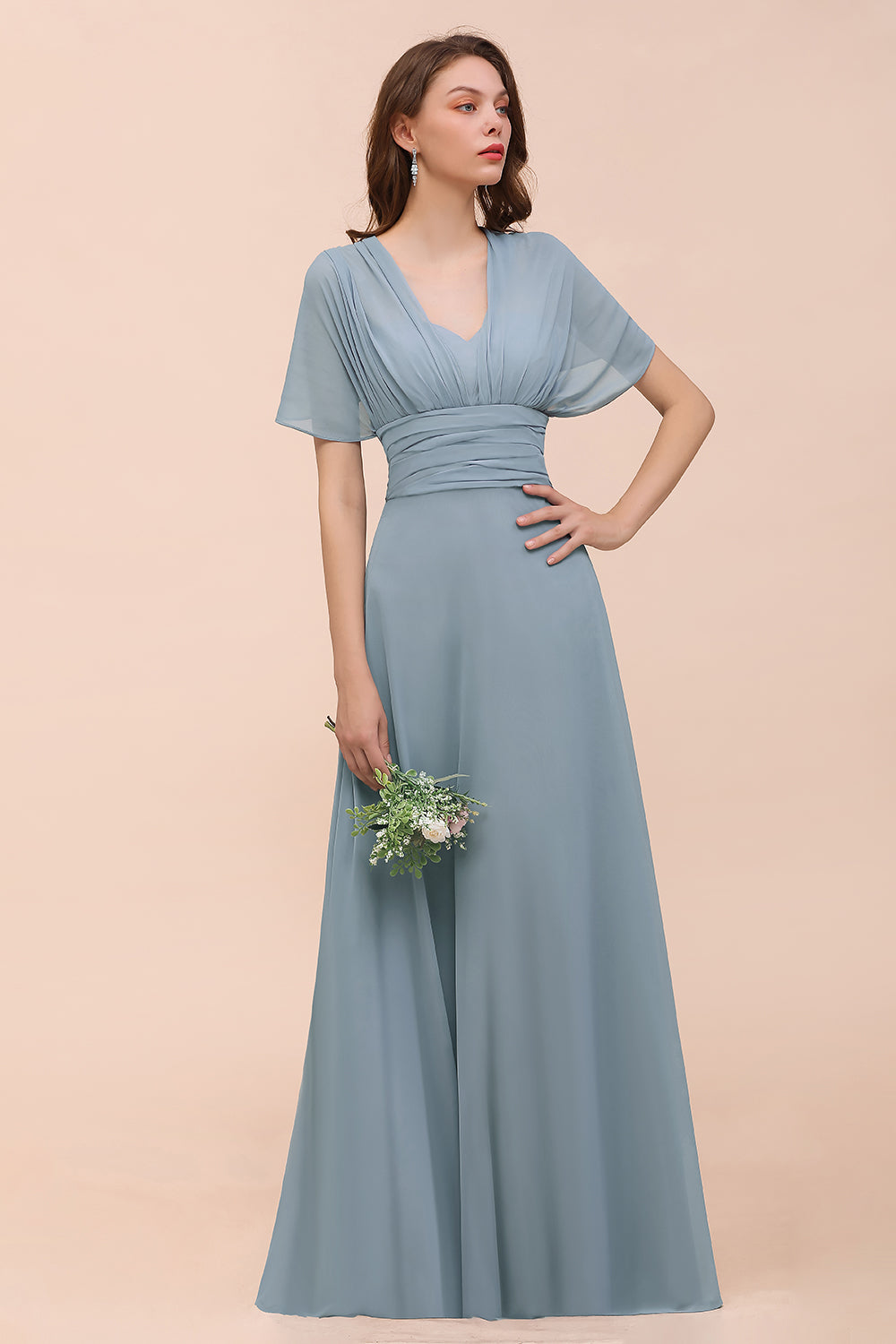 New Arrival Dusty Blue Ruched Long Convertible Bridesmaid dresses