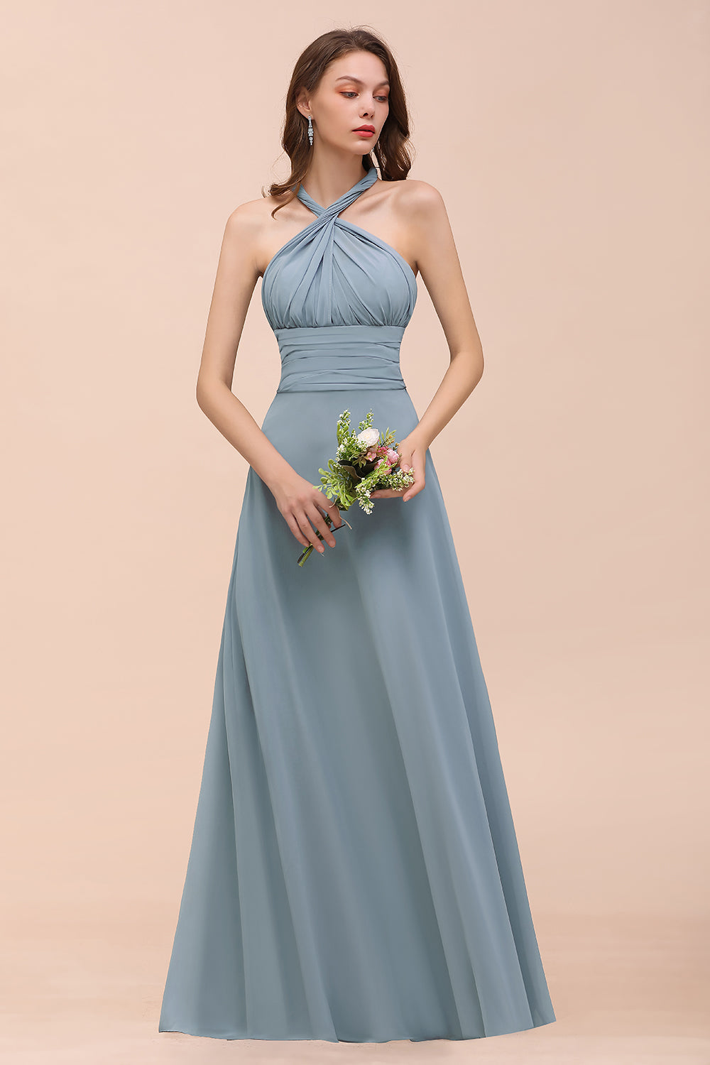 New Arrival Dusty Blue Ruched Long Convertible Bridesmaid dresses