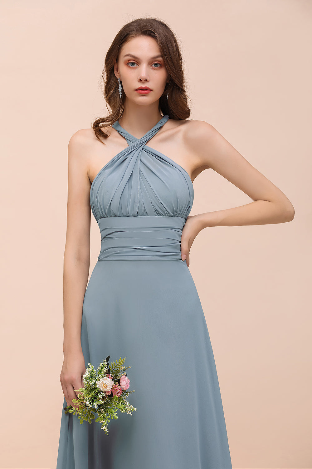 New Arrival Dusty Blue Ruched Long Convertible Bridesmaid dresses