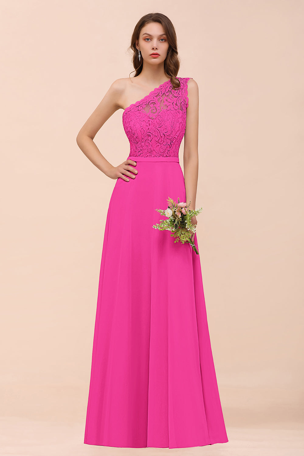 New Arrival Dusty Rose One Shoulder Lace Long Bridesmaid Dresses