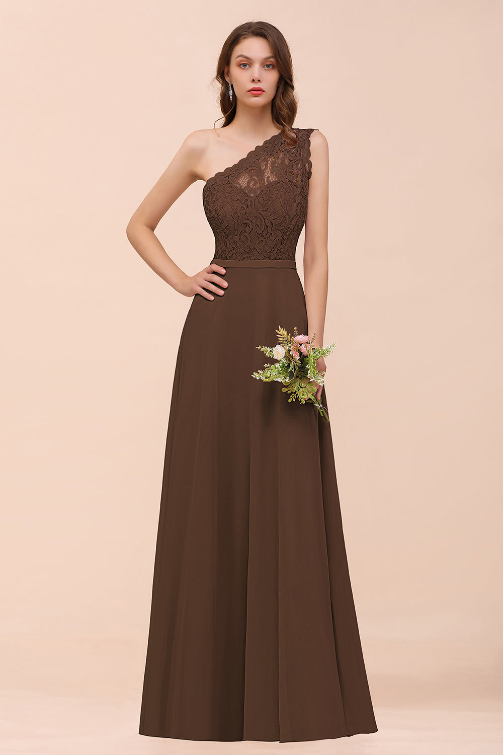 New Arrival Dusty Rose One Shoulder Lace Long Bridesmaid Dresses