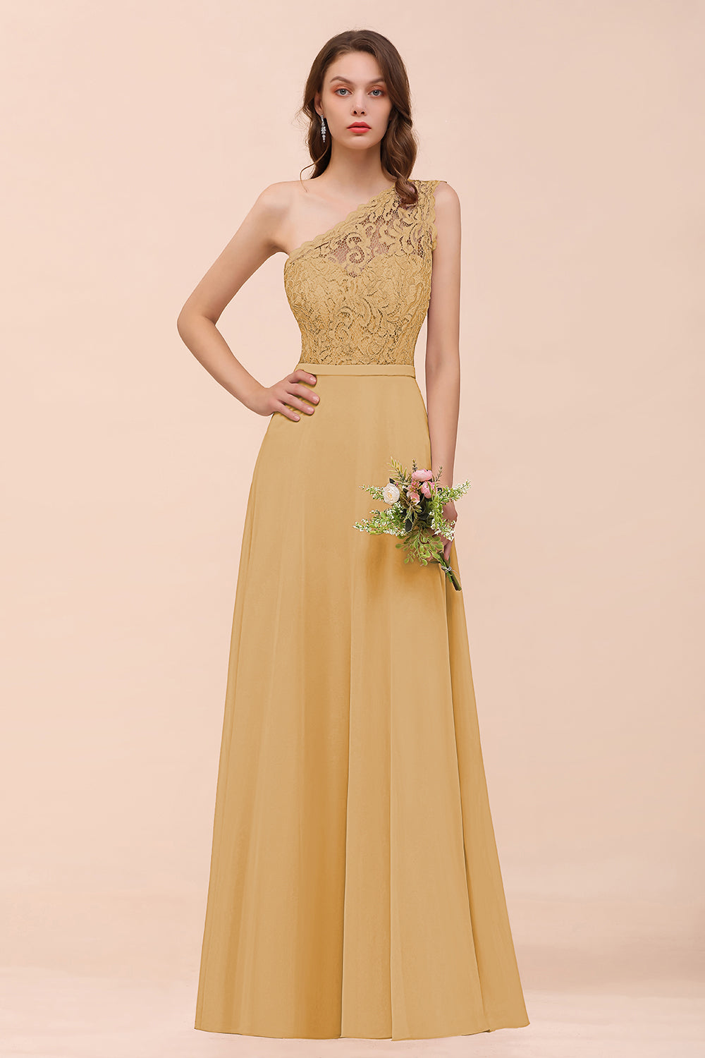 New Arrival Dusty Rose One Shoulder Lace Long Bridesmaid Dresses