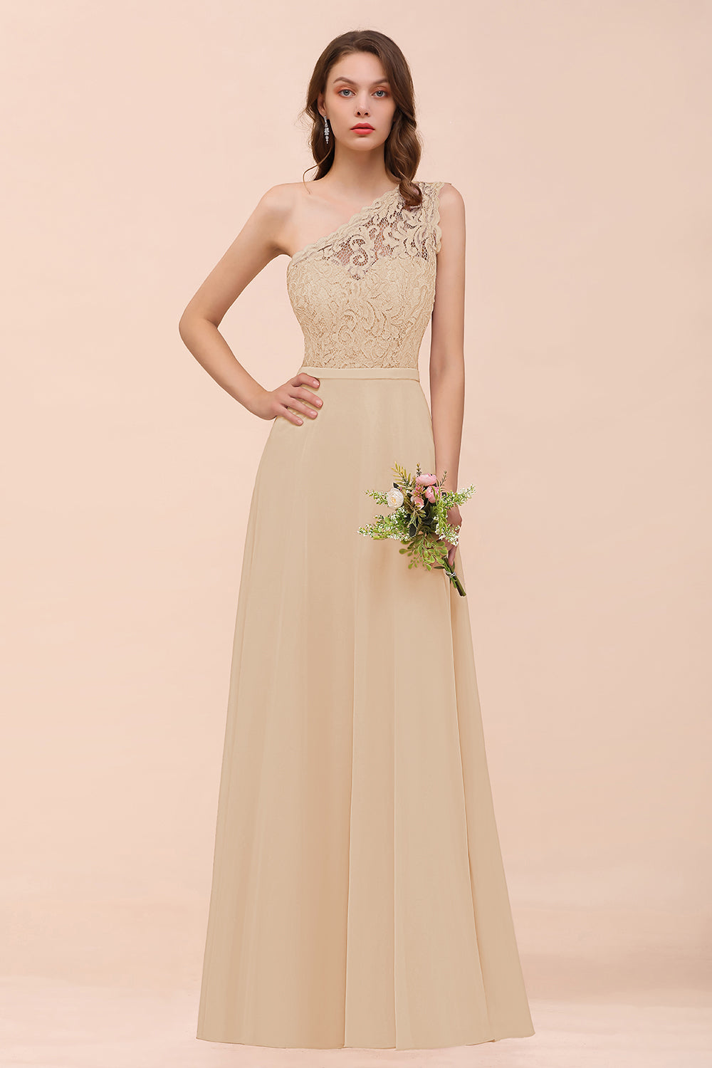 New Arrival Dusty Rose One Shoulder Lace Long Bridesmaid Dresses