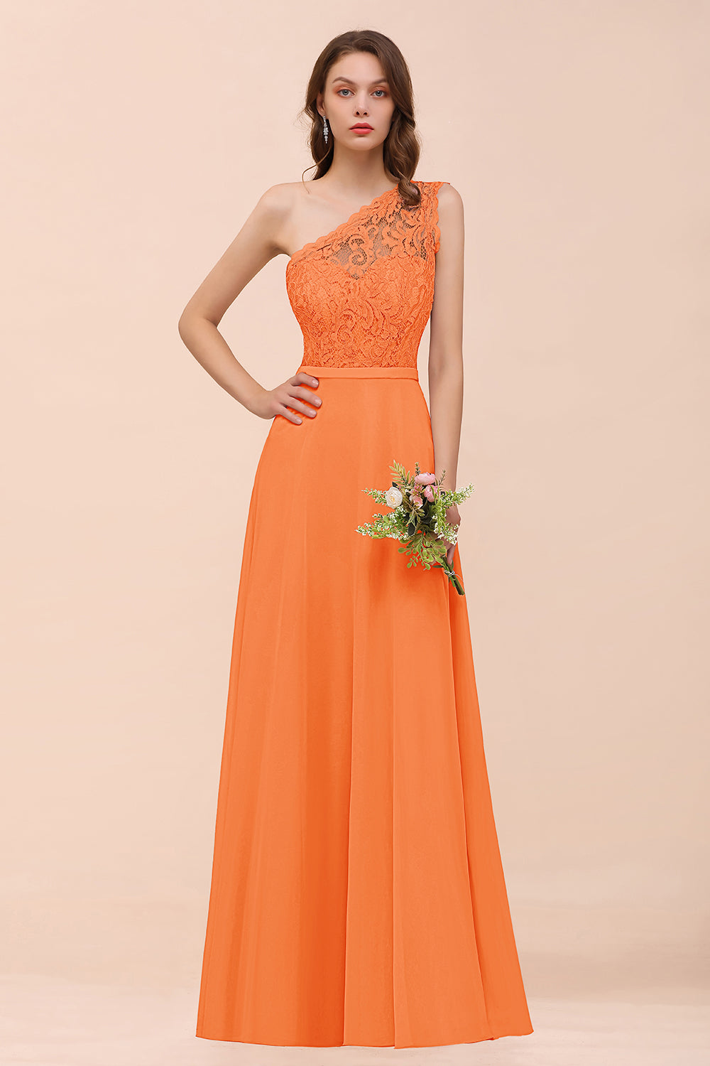 New Arrival Dusty Rose One Shoulder Lace Long Bridesmaid Dresses