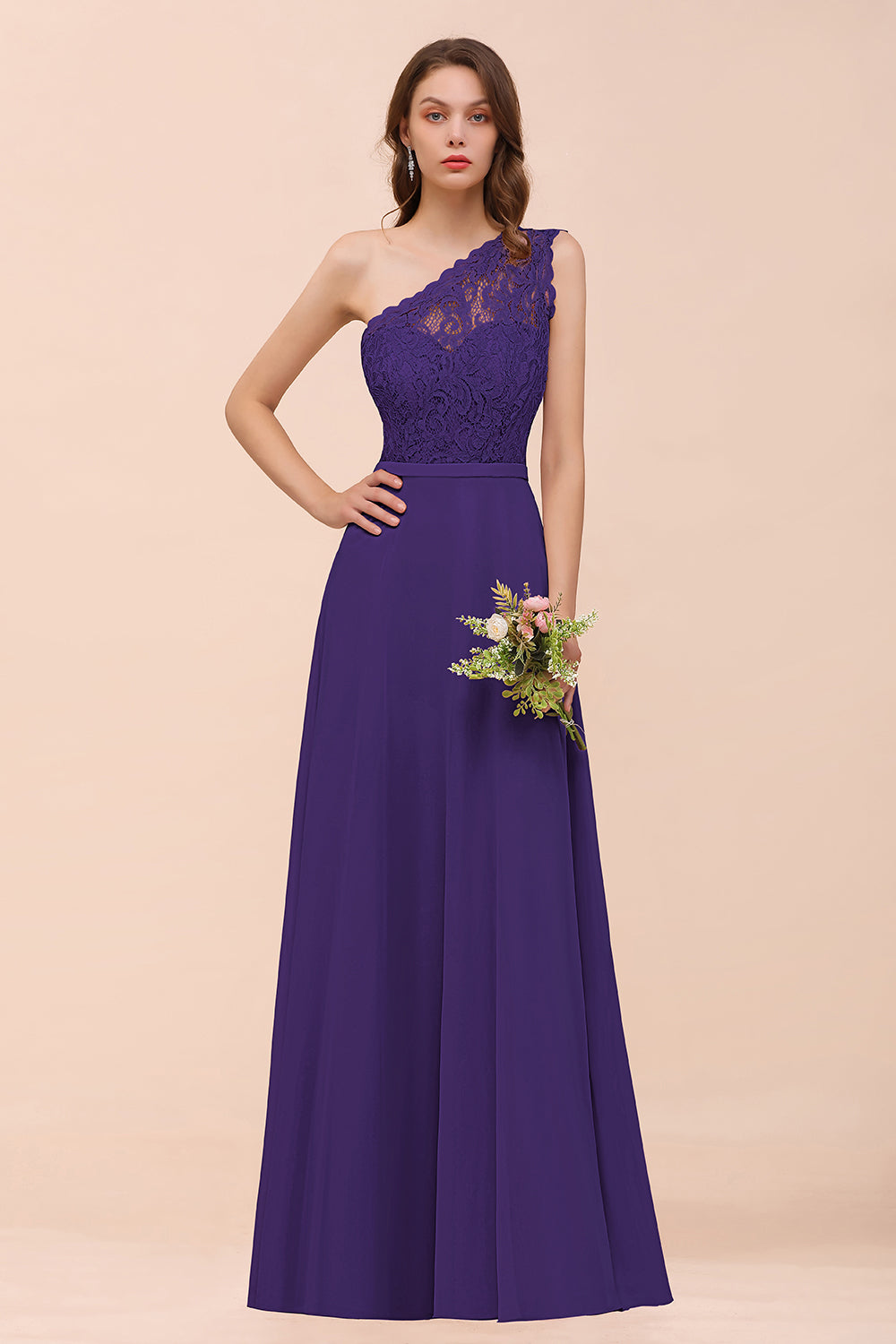 New Arrival Dusty Rose One Shoulder Lace Long Bridesmaid Dresses