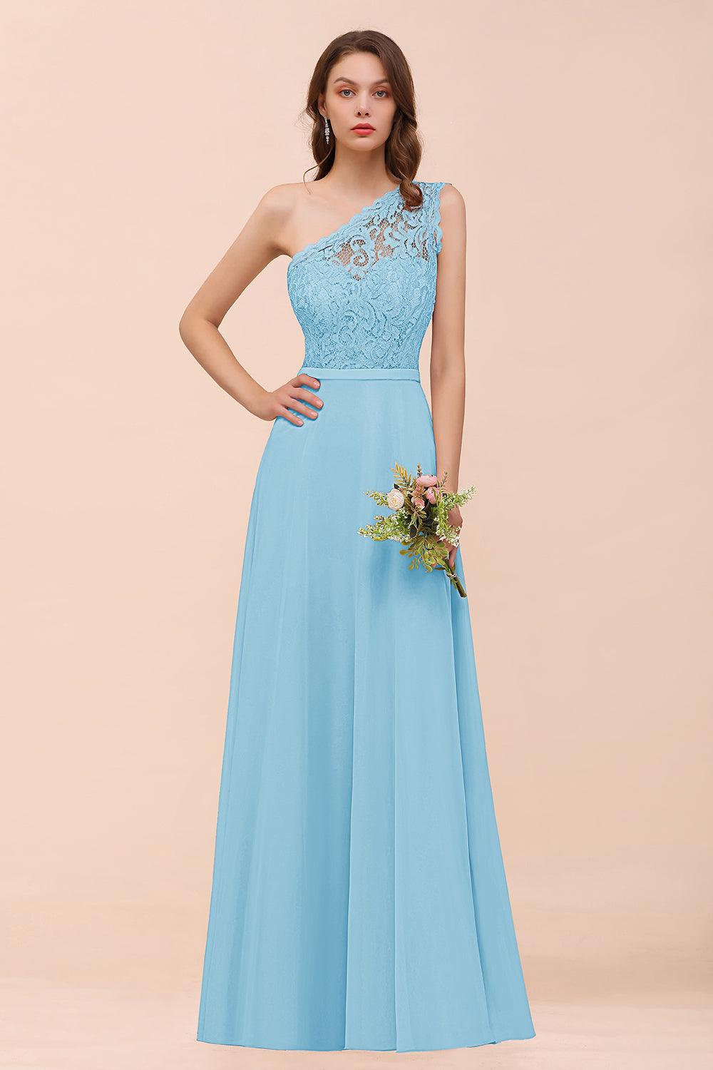 New Arrival Dusty Rose One Shoulder Lace Long Bridesmaid Dresses