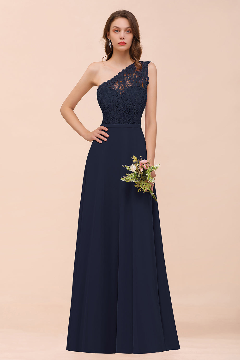 New Arrival Dusty Rose One Shoulder Lace Long Bridesmaid Dresses