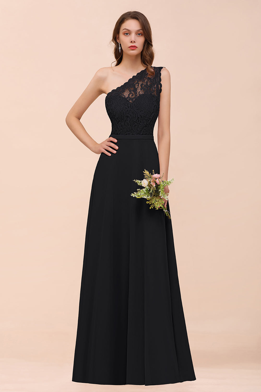 New Arrival Dusty Rose One Shoulder Lace Long Bridesmaid Dresses