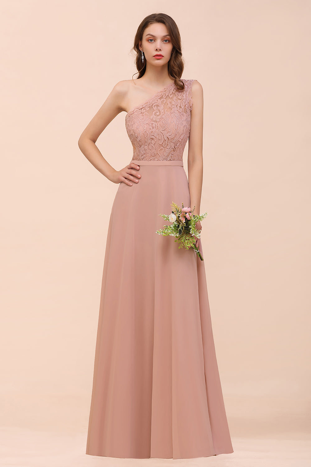 New Arrival Dusty Rose One Shoulder Lace Long Bridesmaid Dresses - Fashionpara