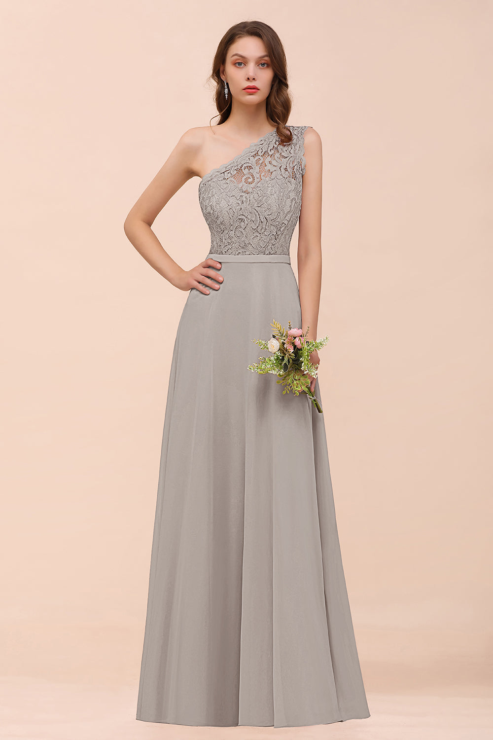 New Arrival Dusty Rose One Shoulder Lace Long Bridesmaid Dresses