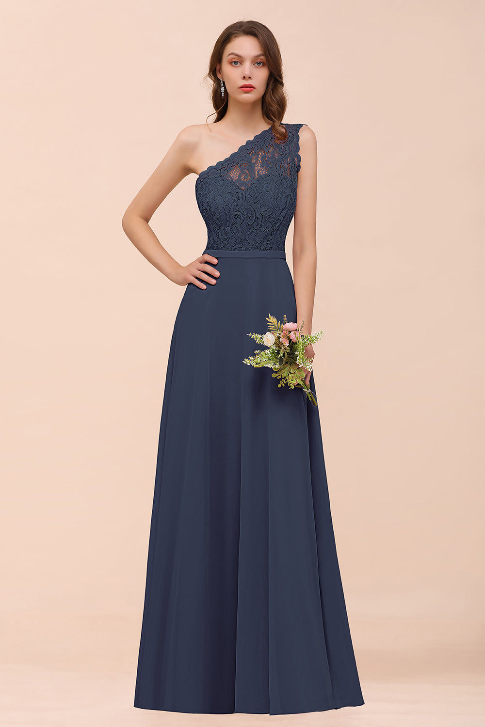 New Arrival Dusty Rose One Shoulder Lace Long Bridesmaid Dresses