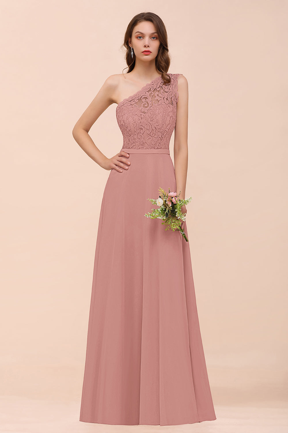 New Arrival Dusty Rose One Shoulder Lace Long Bridesmaid Dresses