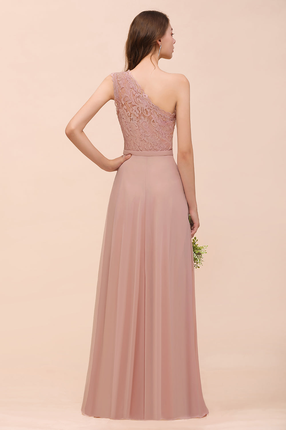 New Arrival Dusty Rose One Shoulder Lace Long Bridesmaid Dresses