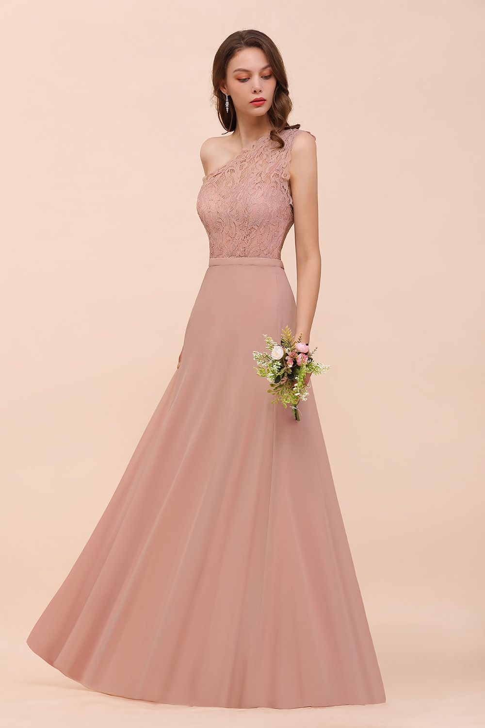 New Arrival Dusty Rose One Shoulder Lace Long Bridesmaid Dresses